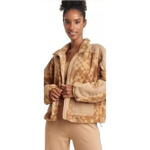 JoyLab Teddy Fleece Jacket Medium Checkerboard Sherpa Full Zip Retro NWT Brown